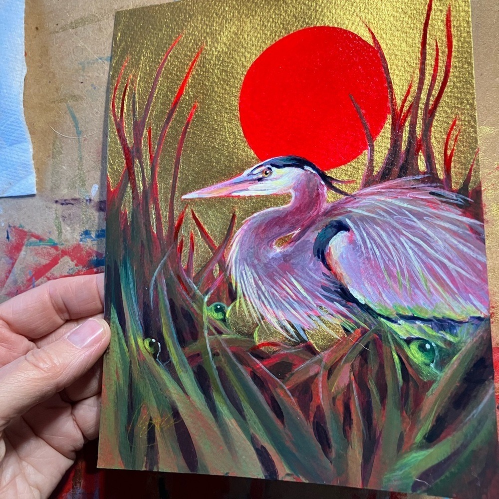 ORIGINAL blue Heron Painting Gold accents Mixed Media 2026 artettina Signed USA - Picture 2 of 8